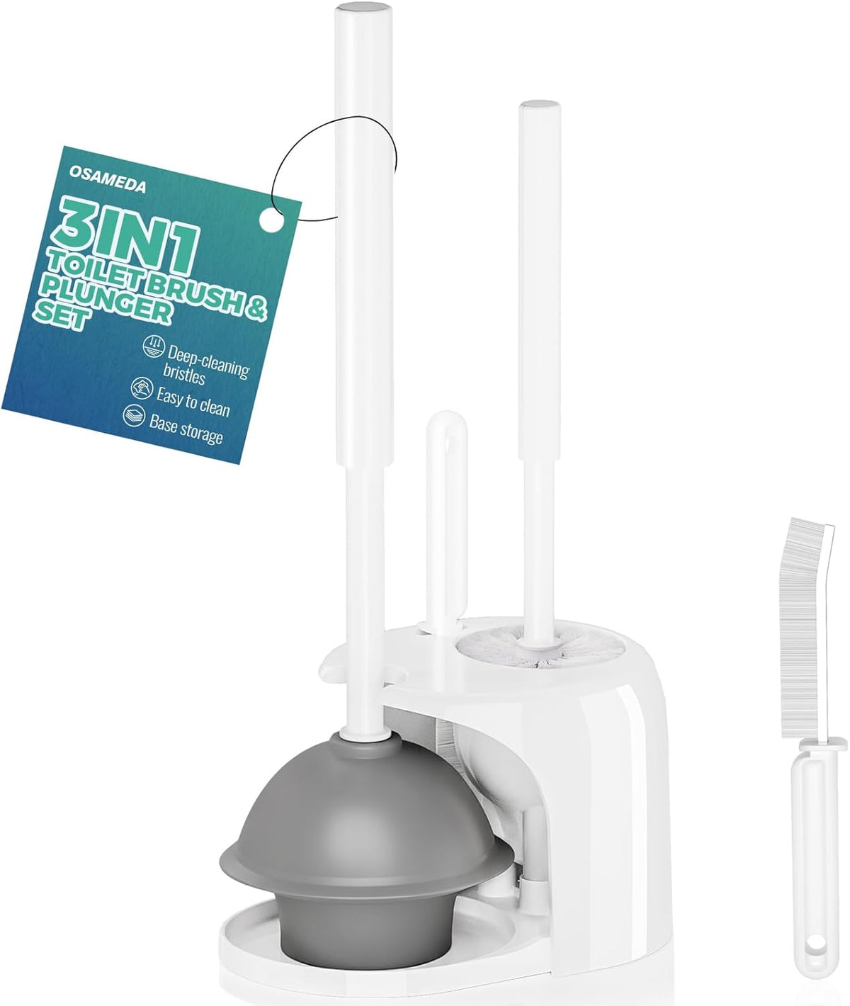 3in1 Toilet Brush and Plunger Set with Slim Crevice Tool and Holder