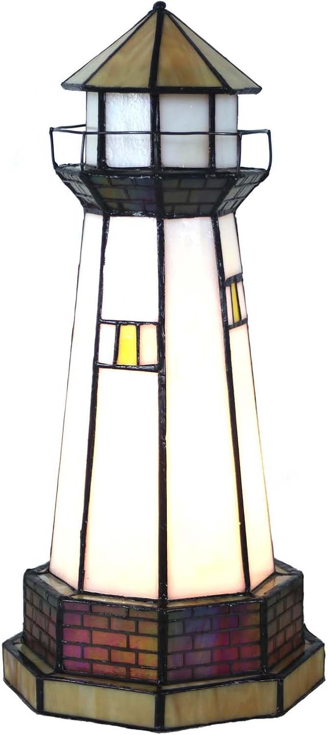 Bieye L10626 Lighthouse Tiffany Style Stained Glass Accent Table Lamp Night Light for Home Decoration (6x6x12, Orange)
