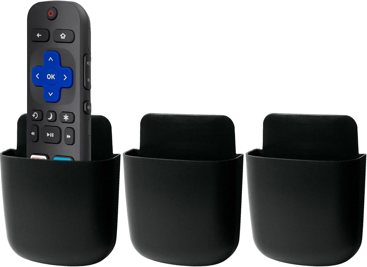 noonebutyou 3 Pcs Remote Control Holder Wall Mount Self Adhesive Remote Case Hole-Free Storage Organizer Wall Pencil Holder Phone Charging for Home Office School(Black)