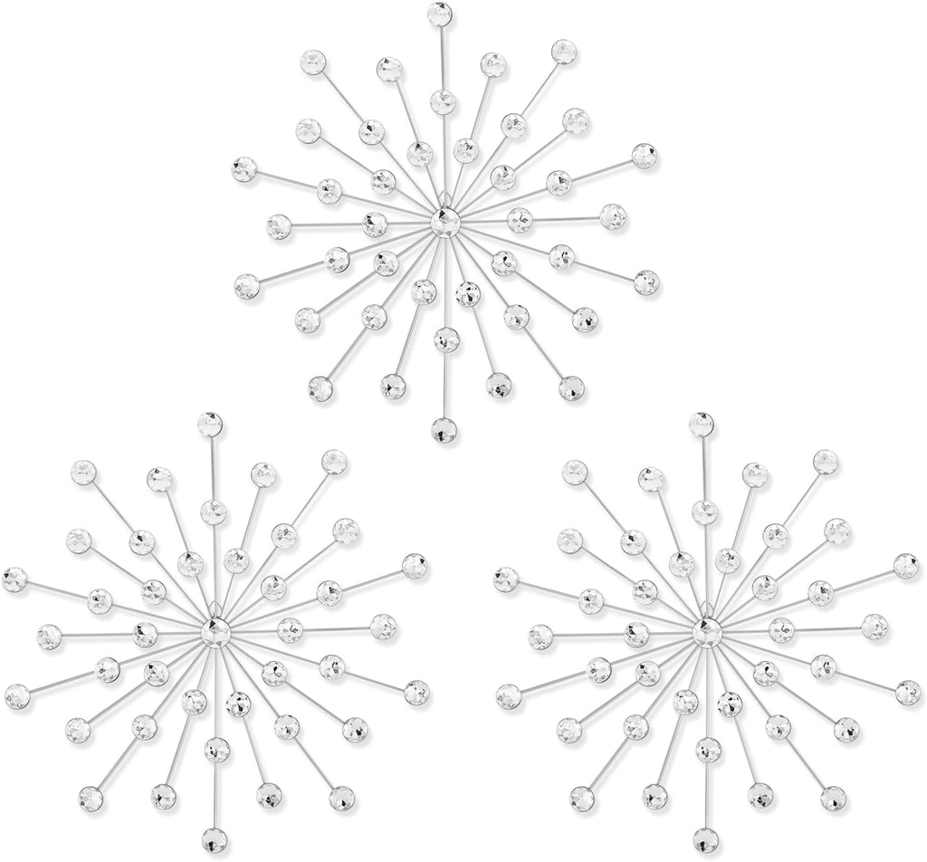 SIYIKRYP Set of 3 Crystal Sunburst Wall Decor – 11.8" Silver Metal Wall Art with Rhinestone Accents – Modern 3D Starburst Hanging Ornaments for Living Room, Bedroom, Office