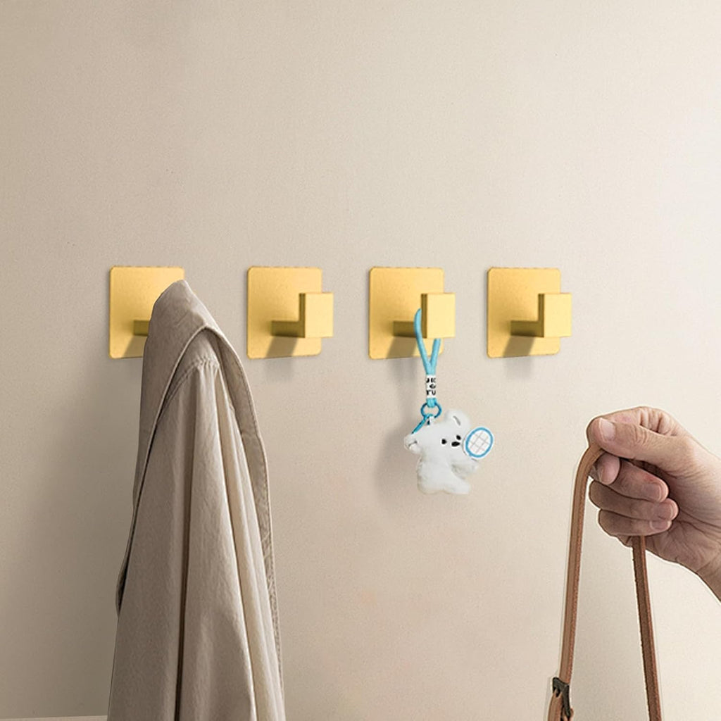 Gold 4 Pack Self Adhesive Wall Hooks,Stainless Steel Stick On Towel Hook,Sturdy No Drilling Robe Hook,Heavy Duty Clothes Hanger Hook,Square Wall Hooks for Bathroom Bedroom Kitchen
