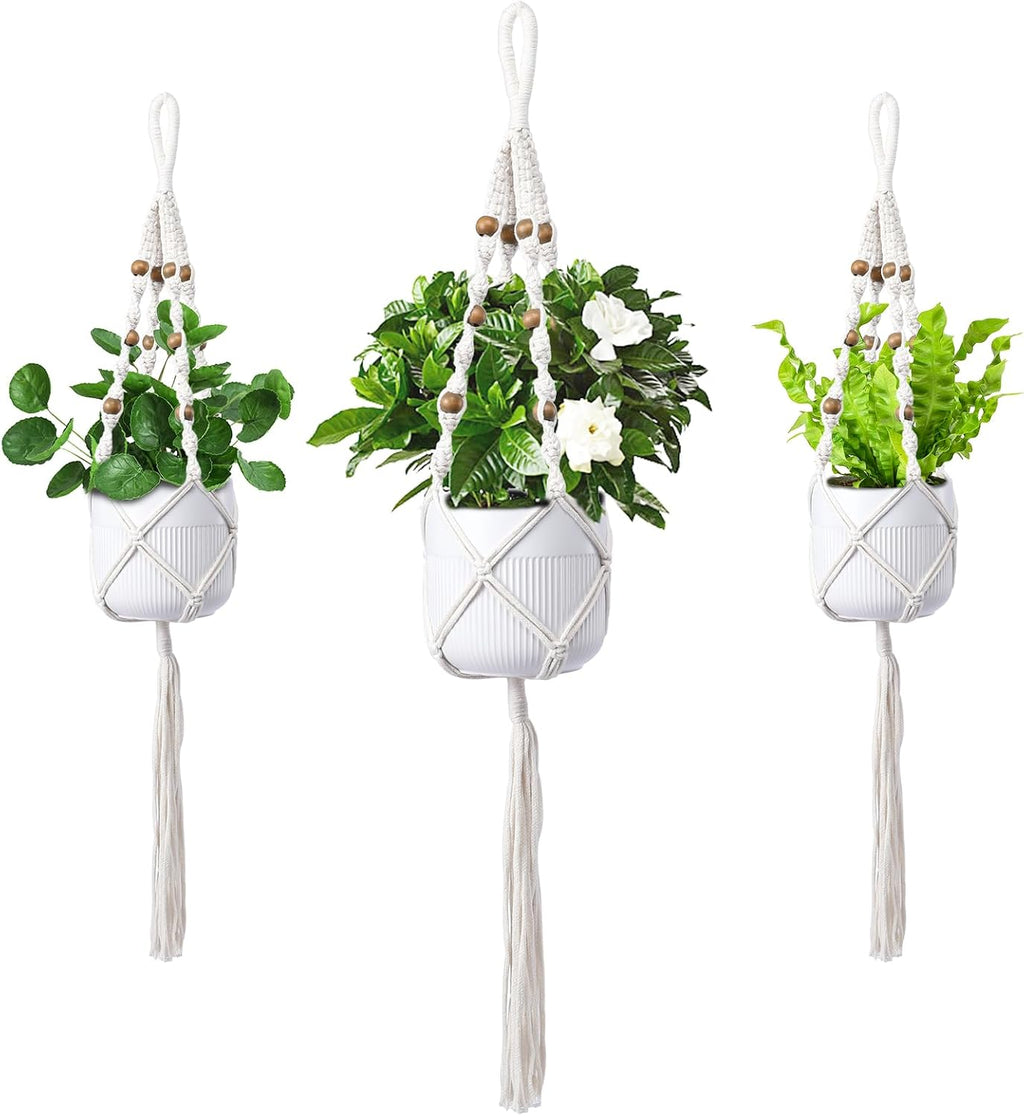 3 Pack Macrame Plant Hangers for 5-9 Inch Pots, Cotton Rope, Wooden Beads