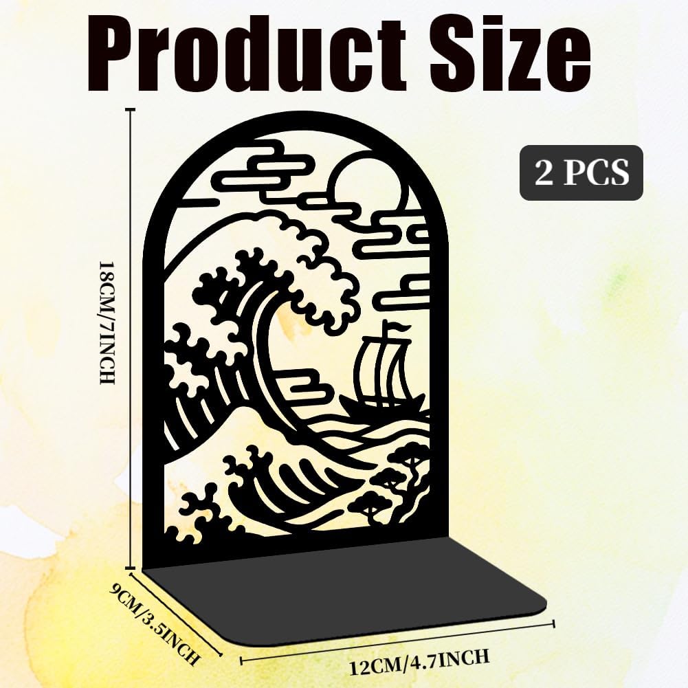 1 Pairs Ukiyo-e Style Landscape Black Metal Bookends for Shelves