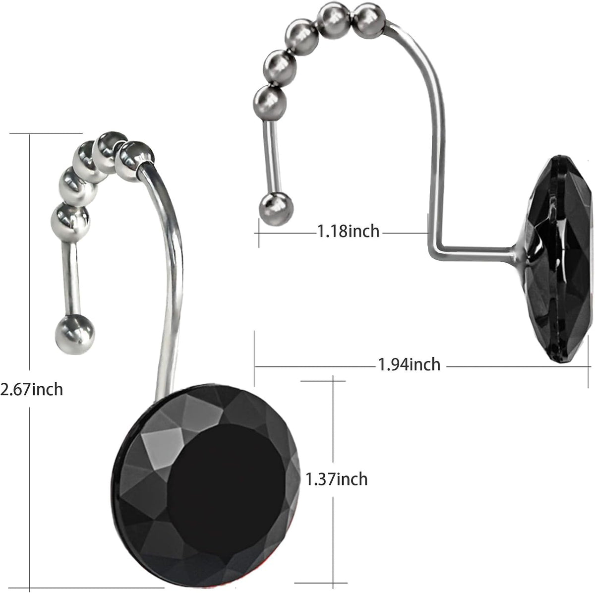 Black Crystal Diamond Shower Curtain Hooks for Bathroom【12Pack】, Silver Rust Proof Stainless Steel Rings, Decorative Gem Hanger, Bling Rhinestone, Glittery, Cute, Fancy Accessories