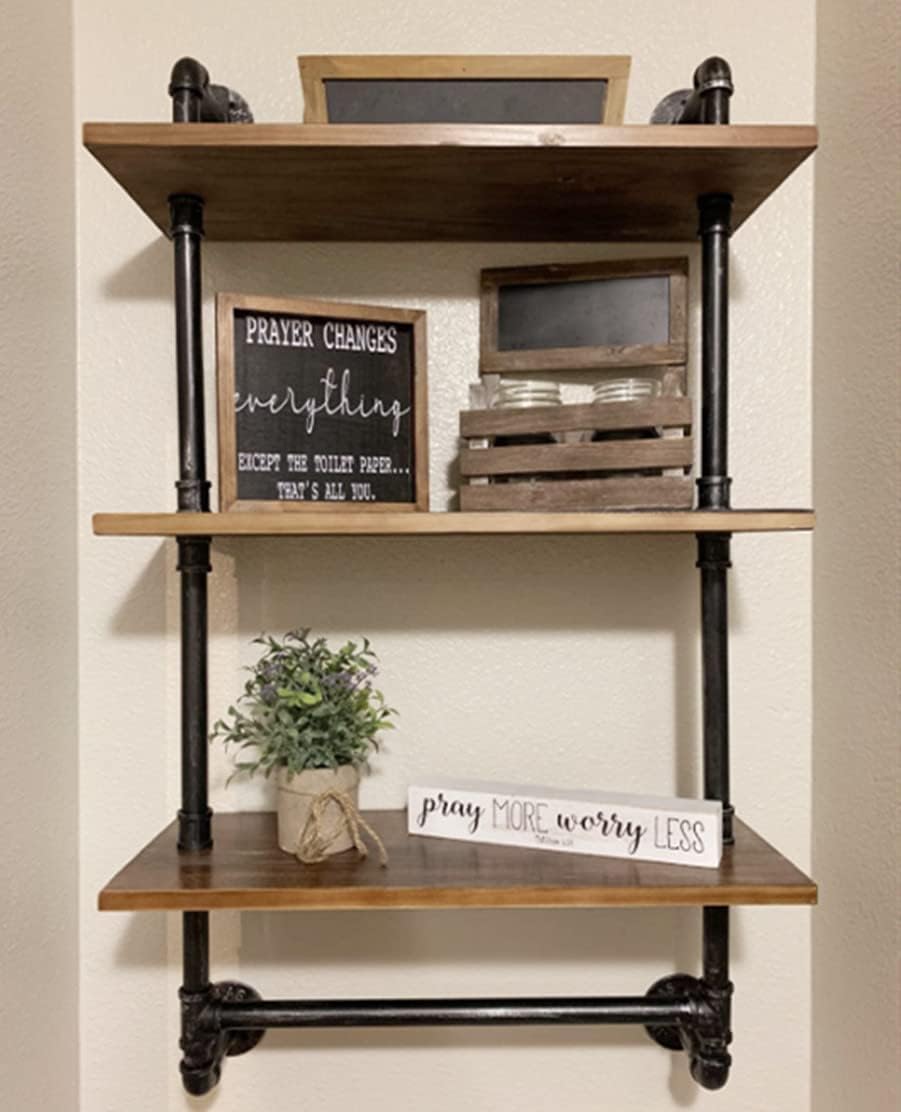 DR.IRON Industrial Pipe Shelving Rustic Bathroom Shelves with Towel Bar, 24" Pipe Shelf Wall Mounted, Farmhouse Bathroom Shelf Storage (3 tier-24)