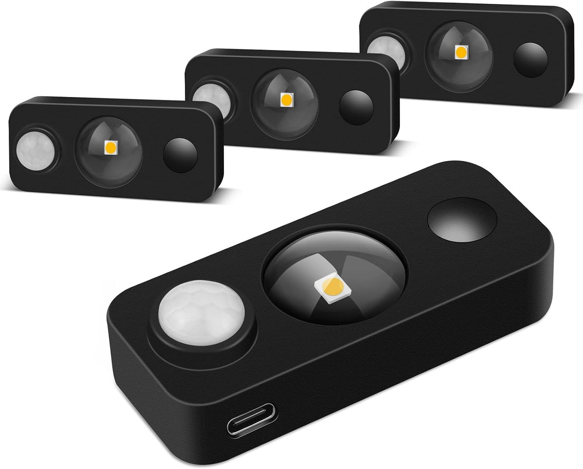 Black Motion Sensor Night Light, Wireless Rechargeable Puck Lights for Cabinet, Dimmable Stick on LED Closet Lights, Warm White Motion Sensor Light Indoor(4 Pack)