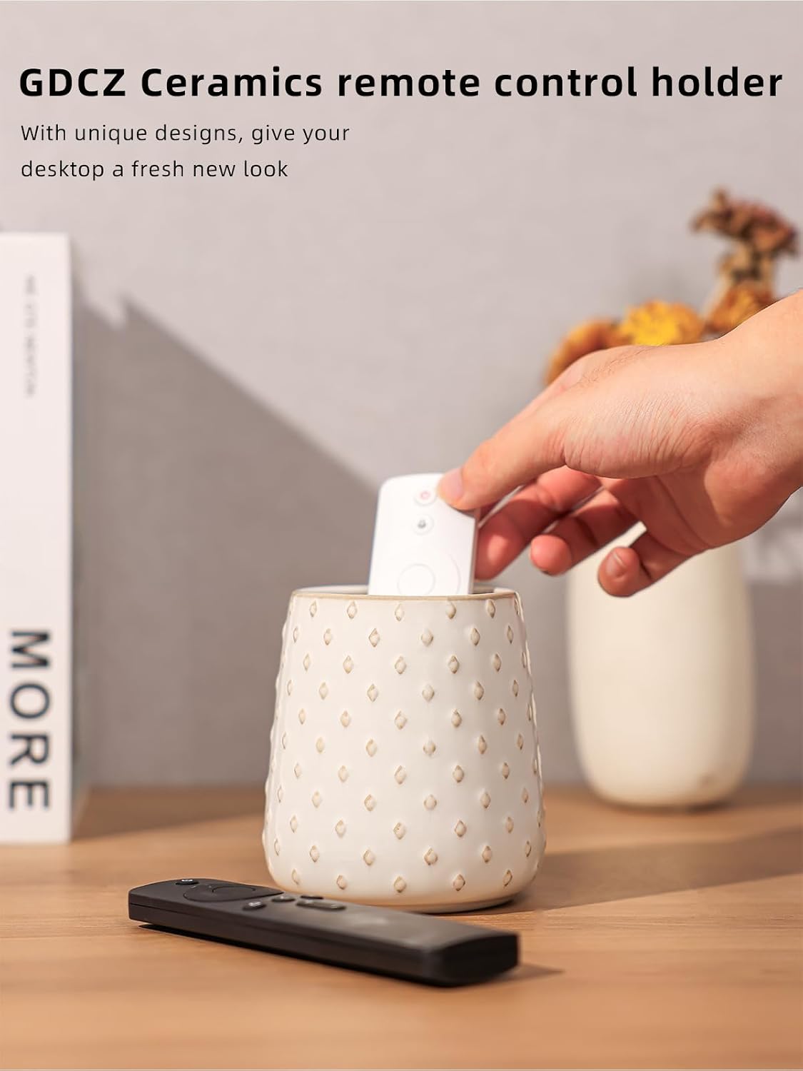 GDCZ Ceramic TV Remote Control Holder, Makeup Brush Pen Holder (White)