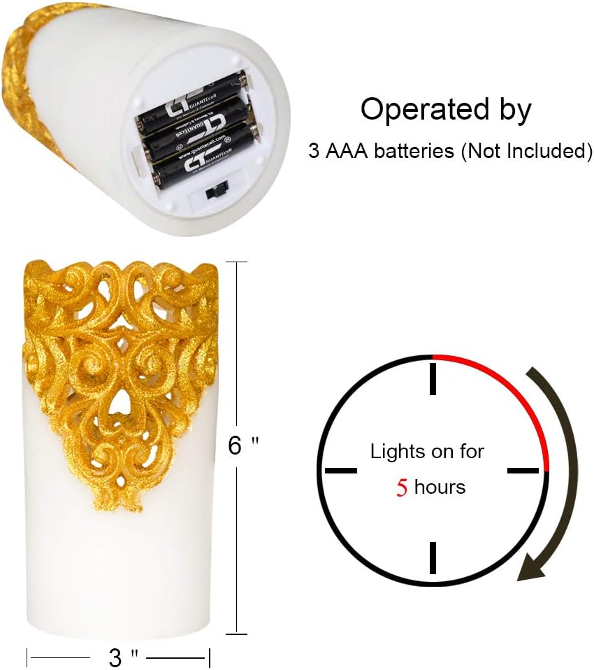 Gold Flameless LED Pillar Candles Battery Operated with 5H Timer