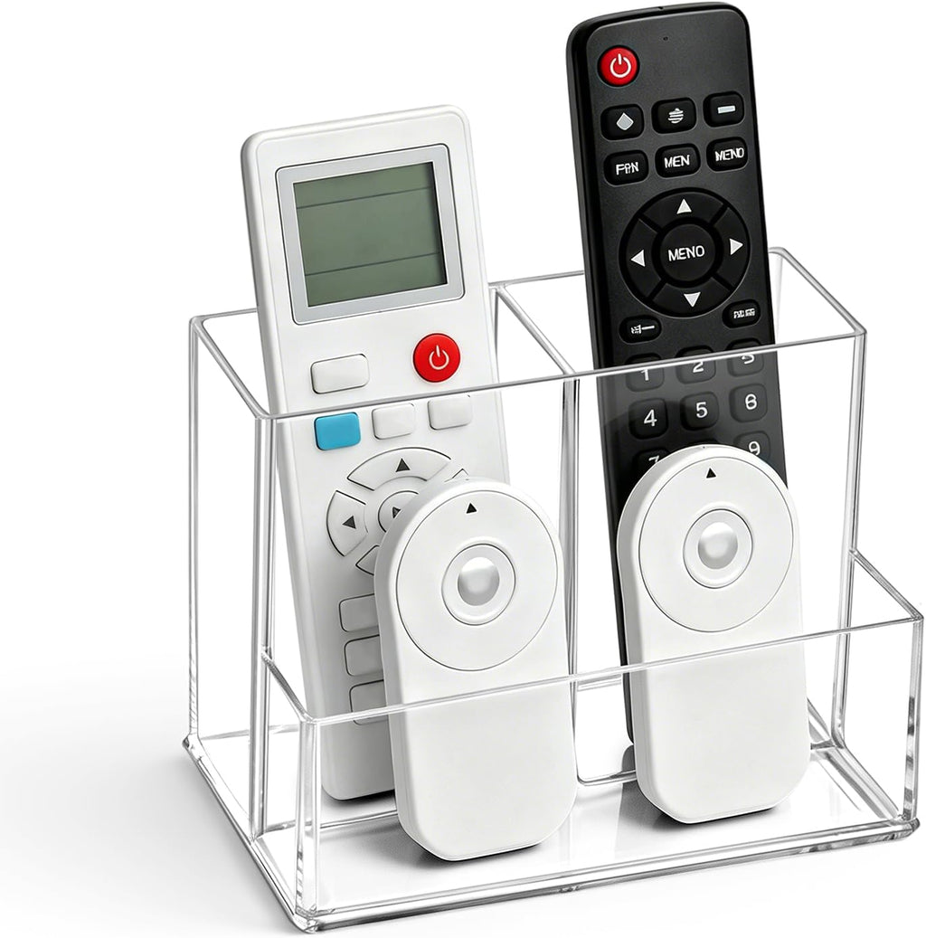 Vowcarol Clear Acrylic Remote Control Holder, 3 Compartments (2 Tall + 1 Low), Small Footprint, Tabletop Storage for TV, AC & Small Items