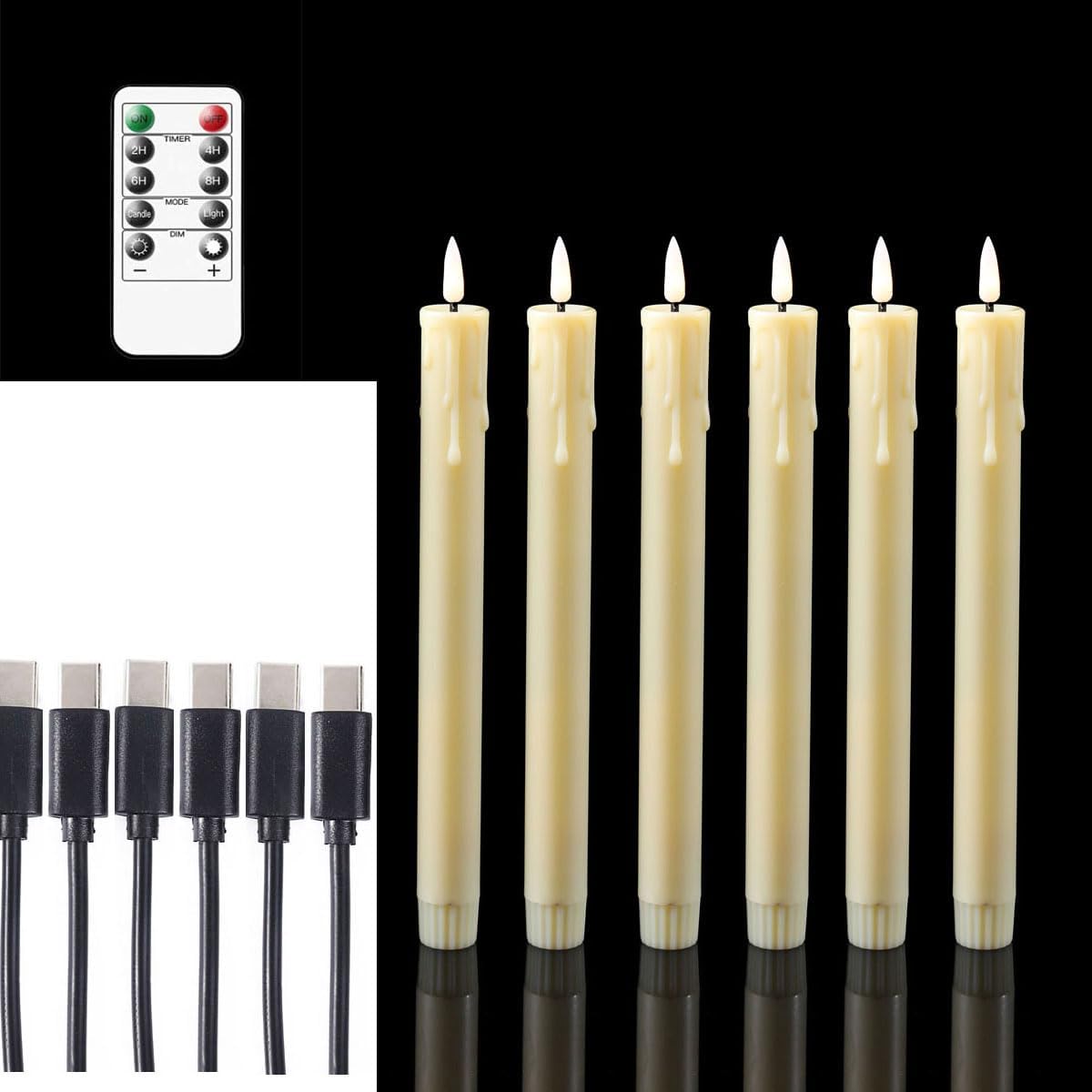 Pack of 6 Decorative Rechargeable Beige Taper Candles with USB Charge Warm White Light 10 Inch,Remote Flameless Christmas LED Window Candlesticks,25.5 cm Plastic Wedding Candles with Timer