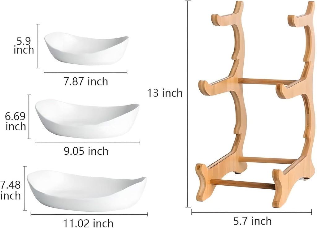 jessie 3 Tier Fruit Bowl Ceramic with Wooden Stand Fruit Bowl for Kitchen Counter for Storage Vegetable Fruit Cup Cake Dessert, White