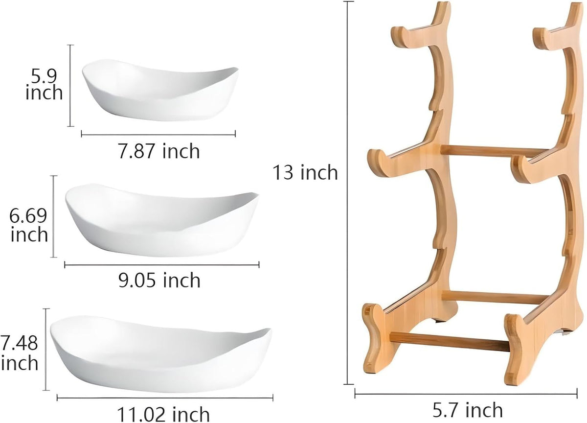 jessie 3 Tier Fruit Bowl Ceramic with Wooden Stand Fruit Bowl for Kitchen Counter for Storage Vegetable Fruit Cup Cake Dessert, White