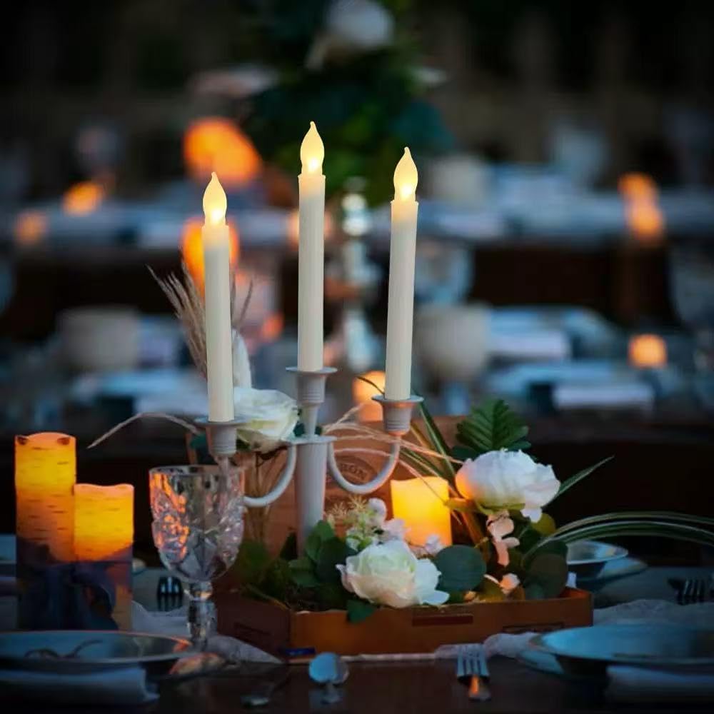 6 Pcs Plastic Flameless Taper Candles with Remote Timer Dimmer, 8.5 inches Taper Candles Battery Operated, Plastic LED with Flickering Flame for Halloween Christmas Church Wedding (Warm White)