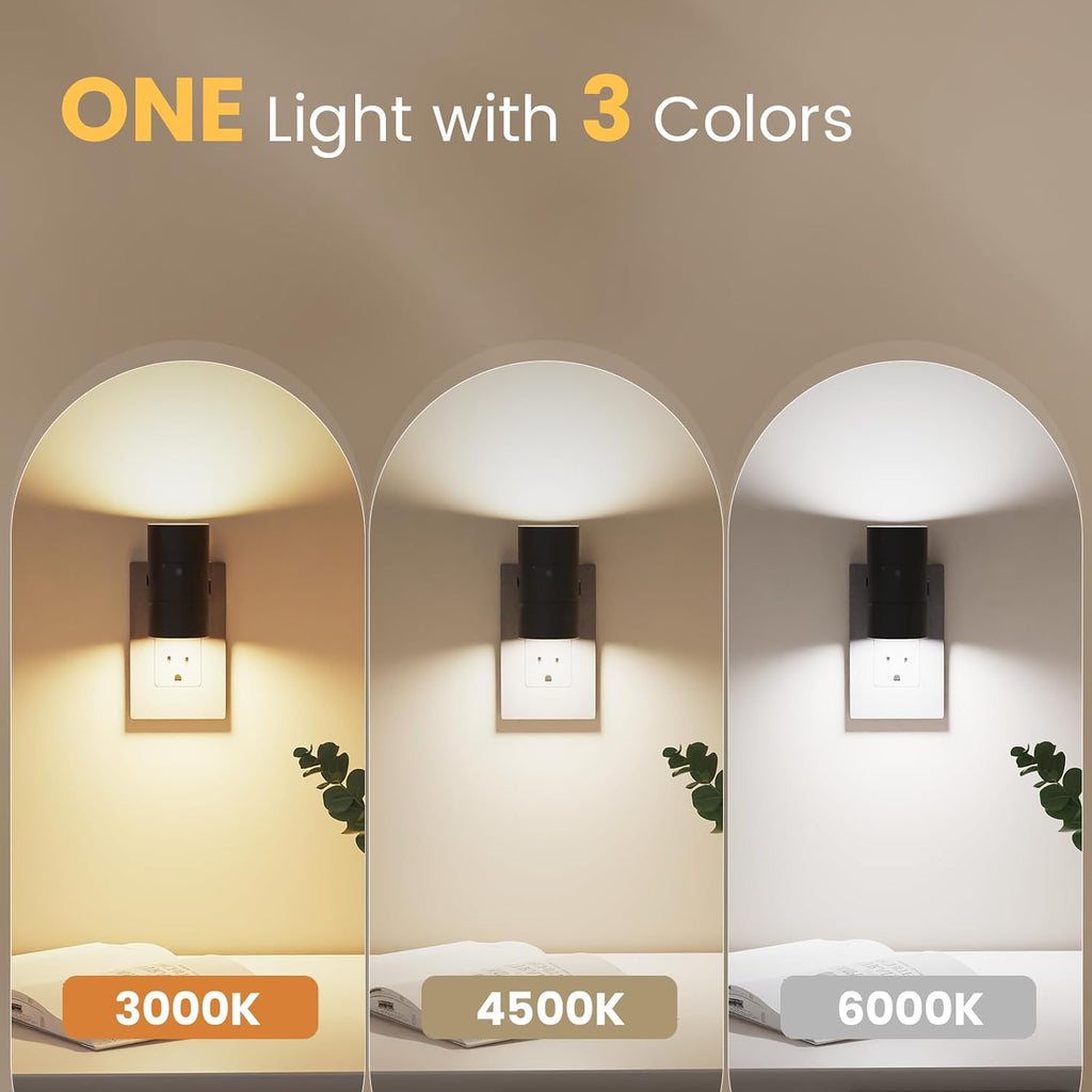 VOLISUN Night Lights Plug into Wall, Dimmable LED Nightlight with Dusk to Dawn Light Sensor, 0-100LM Adjustable Brightness, 3 Color Temperatures, Compact Size Black 4 Pack for Hallway,Bedroom,Bathroom