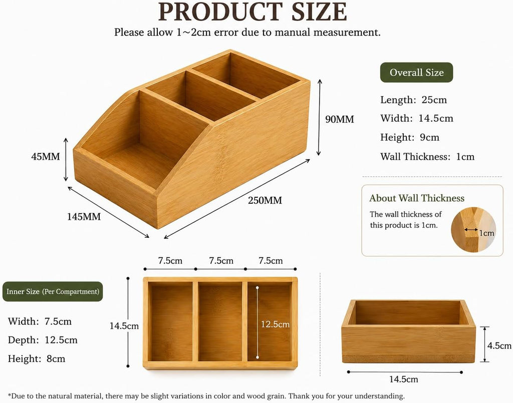 Bamboo Desk Organizer with 3 Compartments, Desktop Storage Organizer for Office Supplies, Makeup, Remote Controls and Accessories, Multi-Purpose Countertop Organizer for Home Office Desk