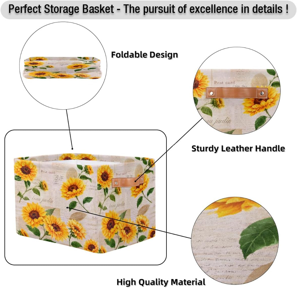 Storage Basket Flower Floral Sunflower, Large Foldable Organizer Storage Bins for Shelves, Sturdy Canvas Cubes Storage Boxes with Handles for Toys Closet Nursery Office Living Room 15" x 11" x 9.5"