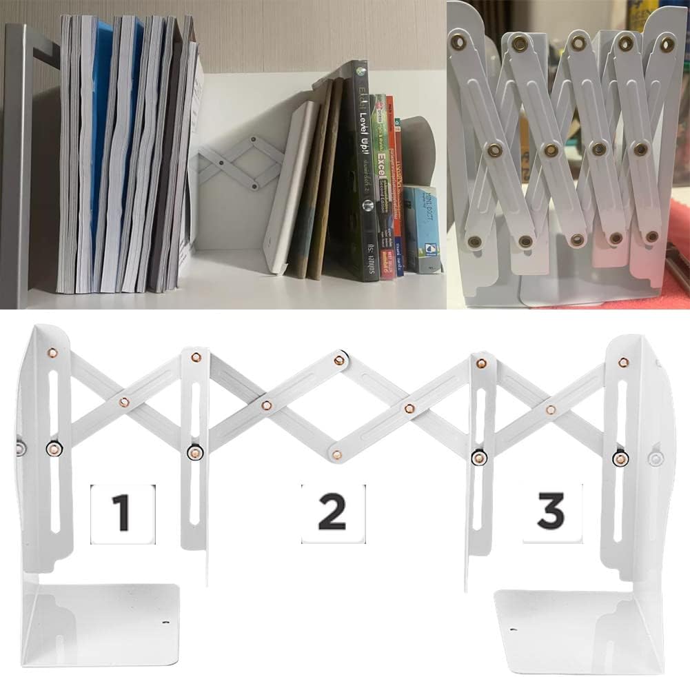 Metal Bookends for Heavy Books, Sturdy Book Stopper to Hold Books Heavy Duty, Adjustable Book Ends for Office & School (White)