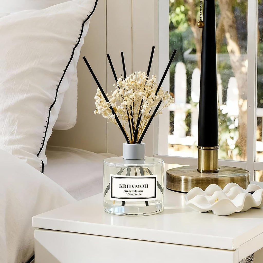 Reed Diffuser Set, 6.7 fl oz Orange Blossom Scented Oil Diffuser with 8 Reed Sticks, Home Fragrance Reed Diffuser for Bathroom Shelf Decor 200ml