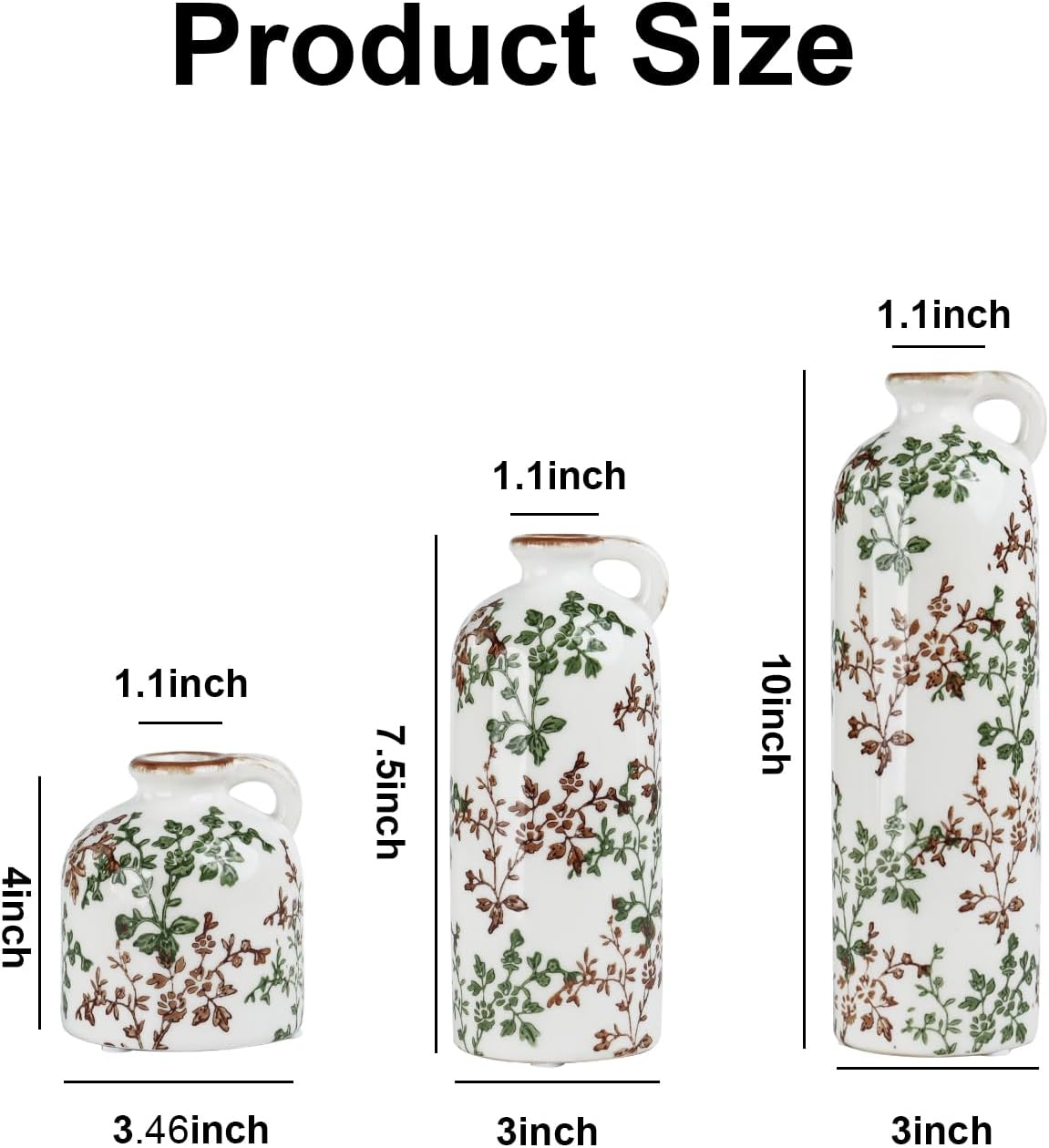 Green Floral Vase Set of 3 with Handles, Vintage Ceramic Jugs for Decor