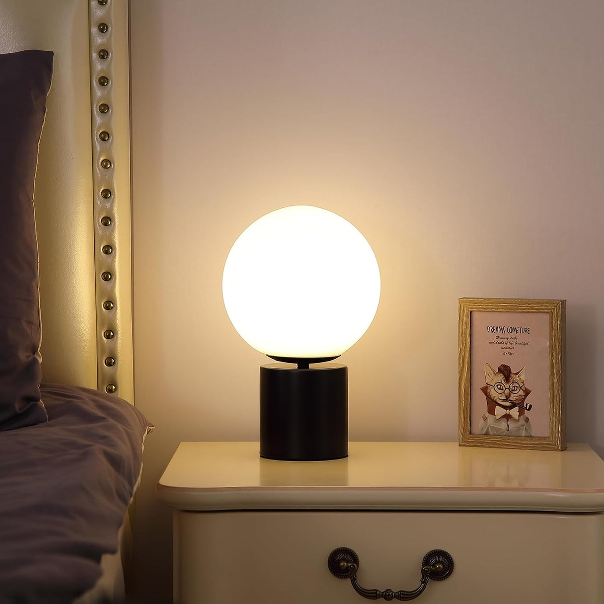 11 Inch Mid Century Modern Table Lamp, Black Bedside Lamp with White Glass Globe Shade, Metal Base Small Nightstand Lamp for Bedroom Kitchen Living Room End Table, Bulb Included