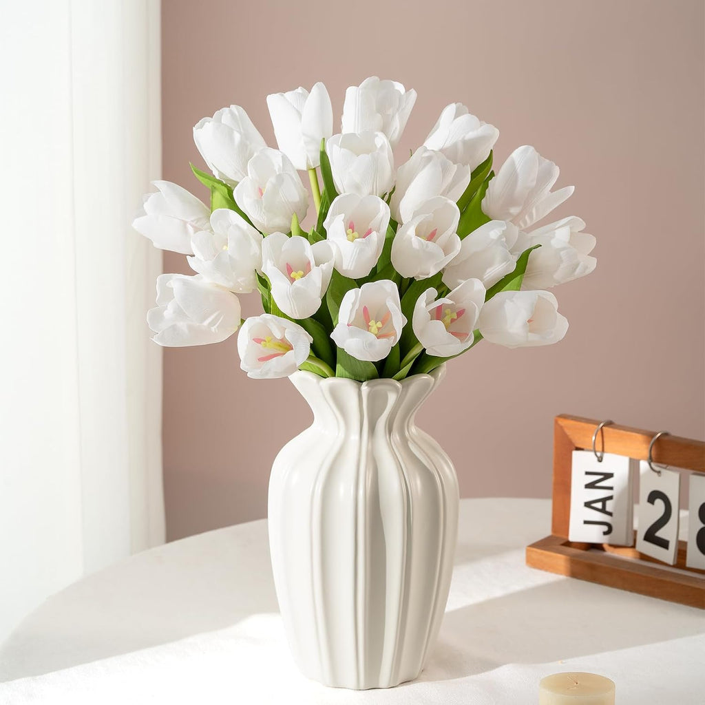Artificial Tulips - 20 Stems Real Touch Realistic Fake Tulip Flowers, Premium Silk Feel, UV-Resistant, Anti-Fade, Waterproof Lifelike Faux Tulips for Home Decor, Wedding, Party, DIY (White)