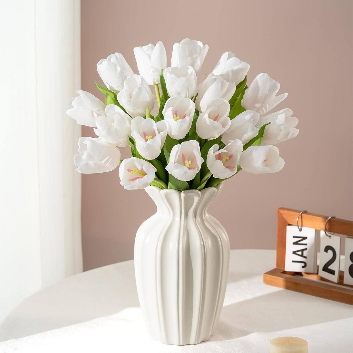 Artificial Tulips - 20 Stems Real Touch Realistic Fake Tulip Flowers, Premium Silk Feel, UV-Resistant, Anti-Fade, Waterproof Lifelike Faux Tulips for Home Decor, Wedding, Party, DIY (White)