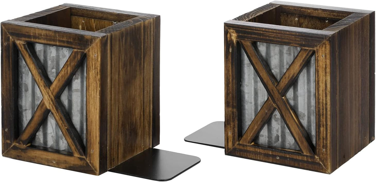 MyGift Rustic Bookends with Pen Holder, Wood & Metal Desk Organizer