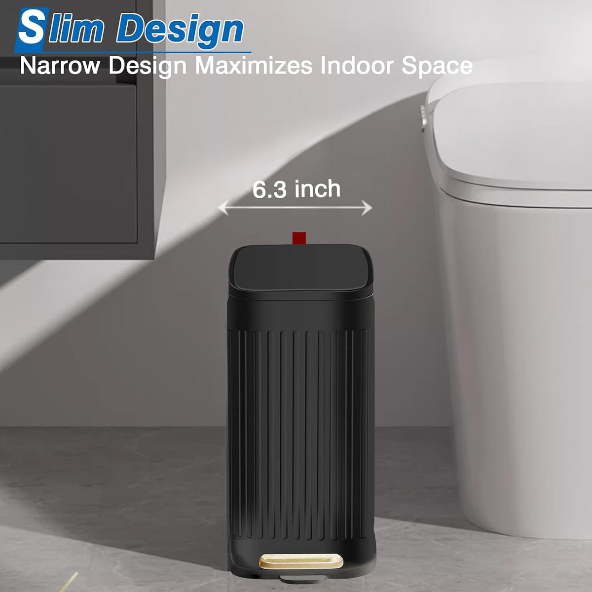 Small Bathroom Trash Can with Air Freshener Soft Close Lid, 6 Liter/ 1.6 Gallon Stainless Steel Garbage Can with Removable Inner Bucket, Step Pedal, Slim Wastebasket for Bedroom, Toilet, Office,Black