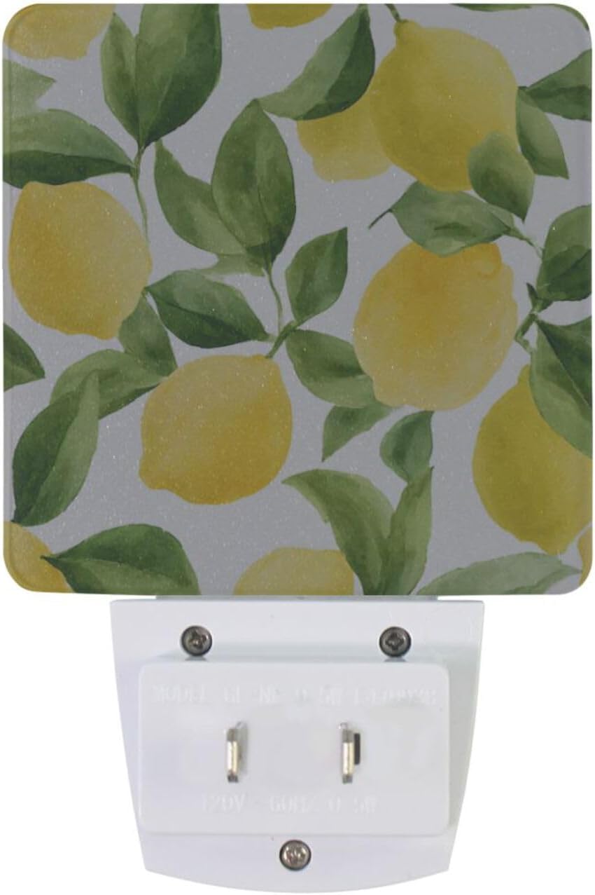 ALAZA 2 Pack Lemon Fruit Leaves Watercolor LED Night Light Dusk to Dawn Sensor Plug in Night Home Decor Desk Lamp for Adult