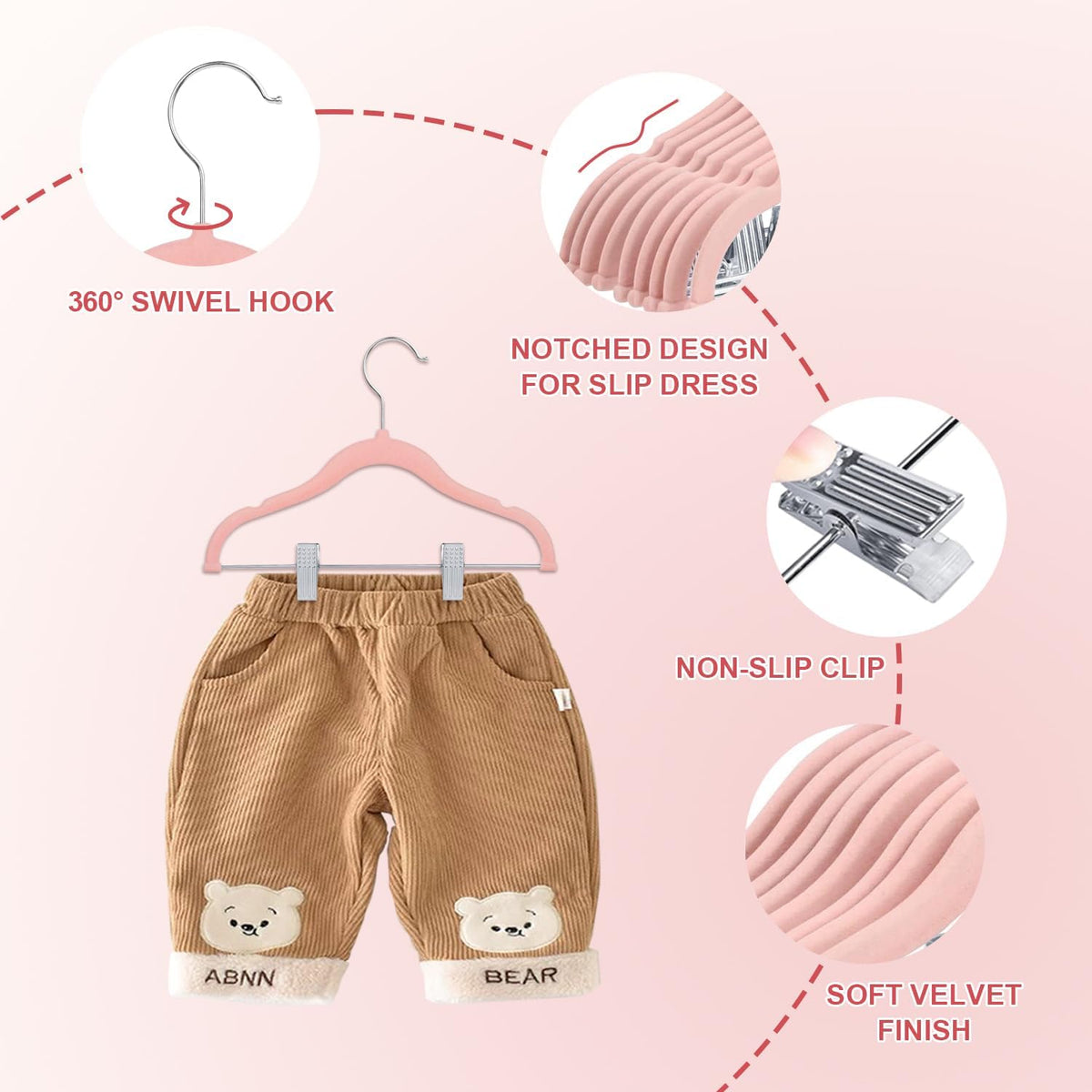 Baby Velvet Hangers with Clips Non-Slip for Clothes Pink 24 Pack