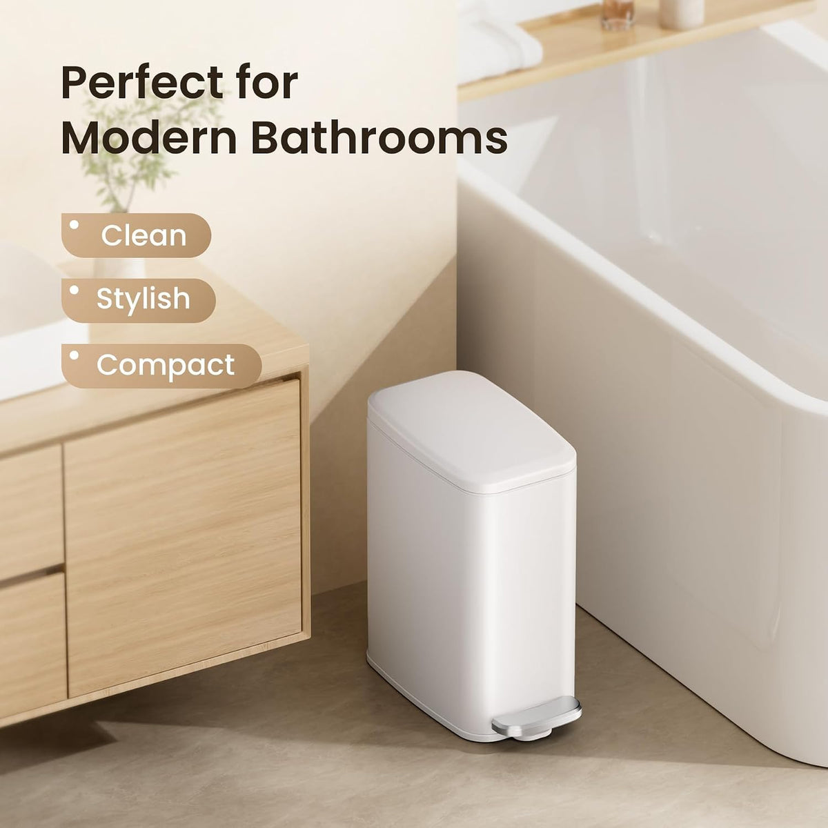 Cesun Slim Bathroom Trash Can with Lid, Soft Close, White, 6L/1.6 Gallon