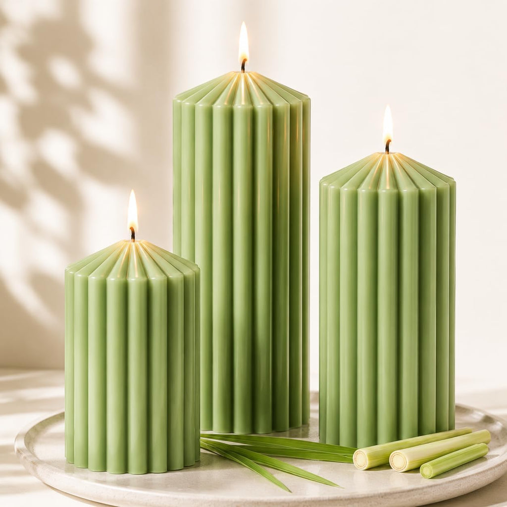 Ribbed Decorative Scented Pillar Candles, 3 Pack,2.8 x 4/6/8 Inch, Green