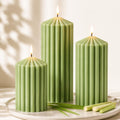 Ribbed Decorative Scented Pillar Candles, 3 Pack,2.8 x 4/6/8 Inch, Green