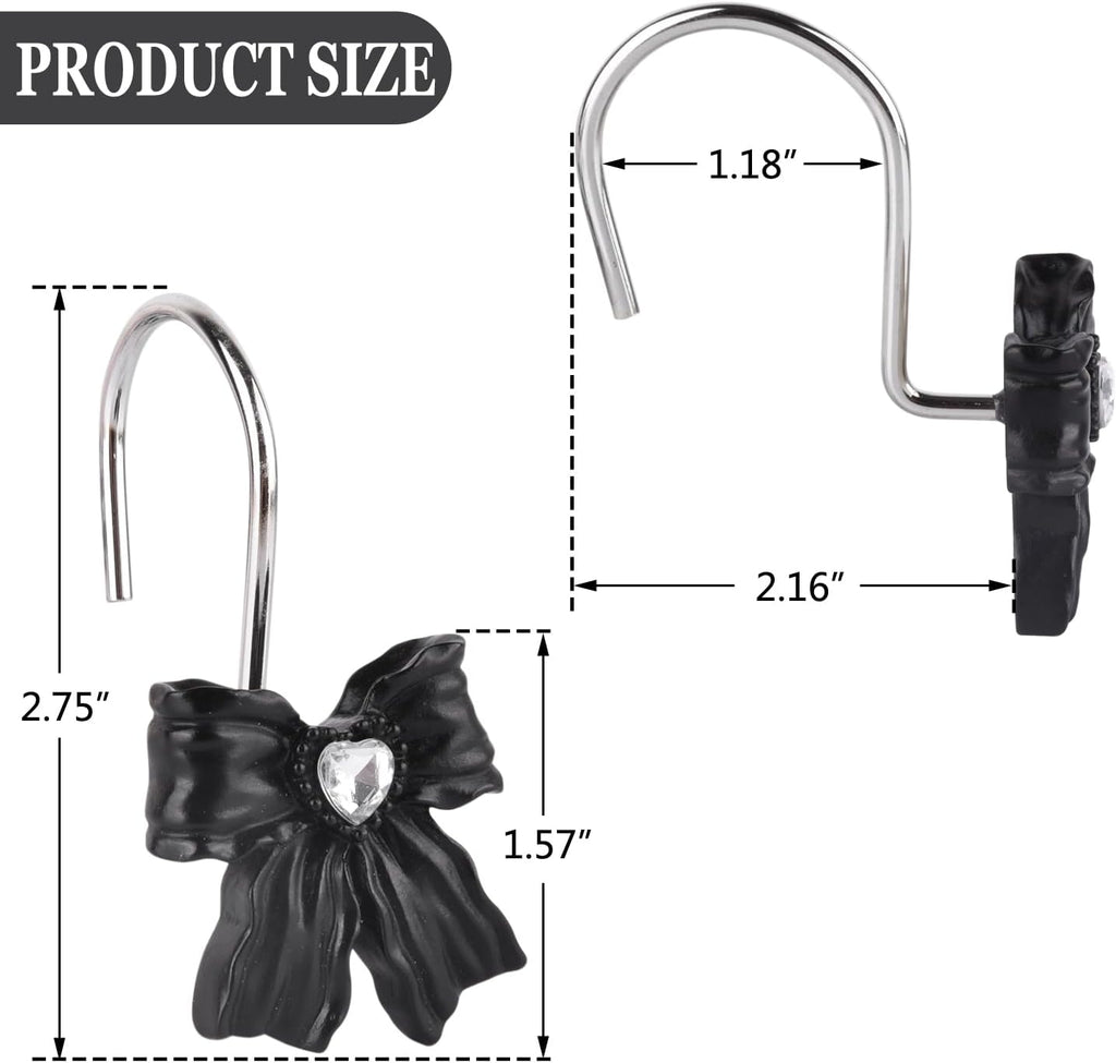 12PCS Shower Curtain Hooks Rings,Black Bow Resin Curtain Hooks Shower Rings for Bathroom Baby Room Nursery Art Decors