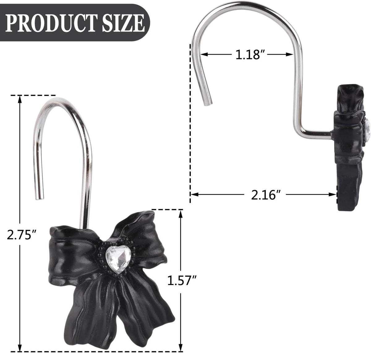 12PCS Shower Curtain Hooks Rings,Black Bow Resin Curtain Hooks Shower Rings for Bathroom Baby Room Nursery Art Decors