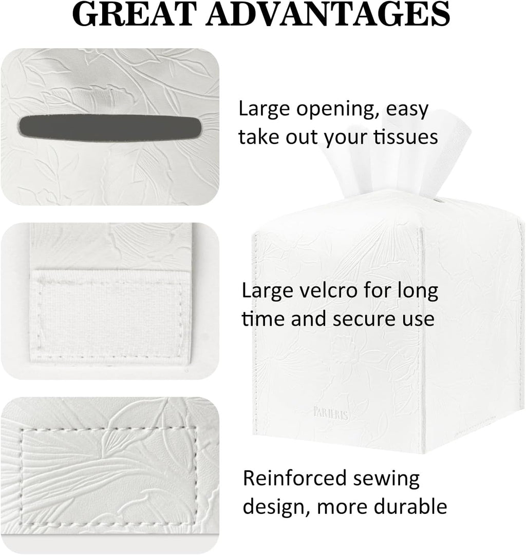 Tissue Box Holder Cover Square Tissue Cube Cover PU Leather Tissue Organizer with Bottom Belt for Bathroom, Tabletop, Kitchen, Night Stands, Office, Home, Car (2, White)