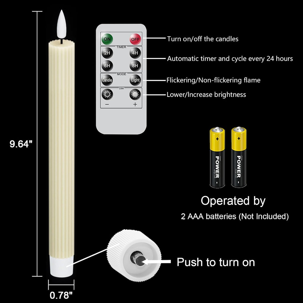 Ivory Flameless Taper Candles Battery Operated with Remote Timer