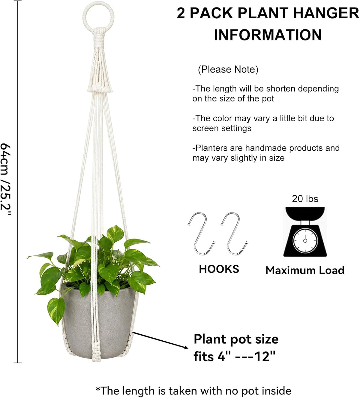 Artilady Macrame Hanging Planters Indoor Plant Hanger, Ivory White