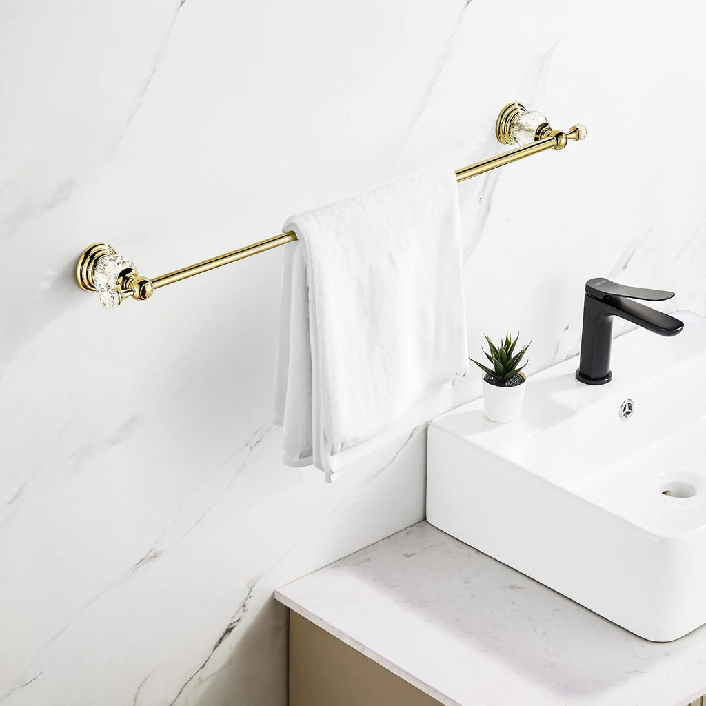 Crystal Gold Towel Bar, Gold Adjustable Bathroom Towel Holder Bar, Golden Single Towel Rack Hanger Home Towel Holder Rod for Bathroom Wall Mounted Bathroom Accessory