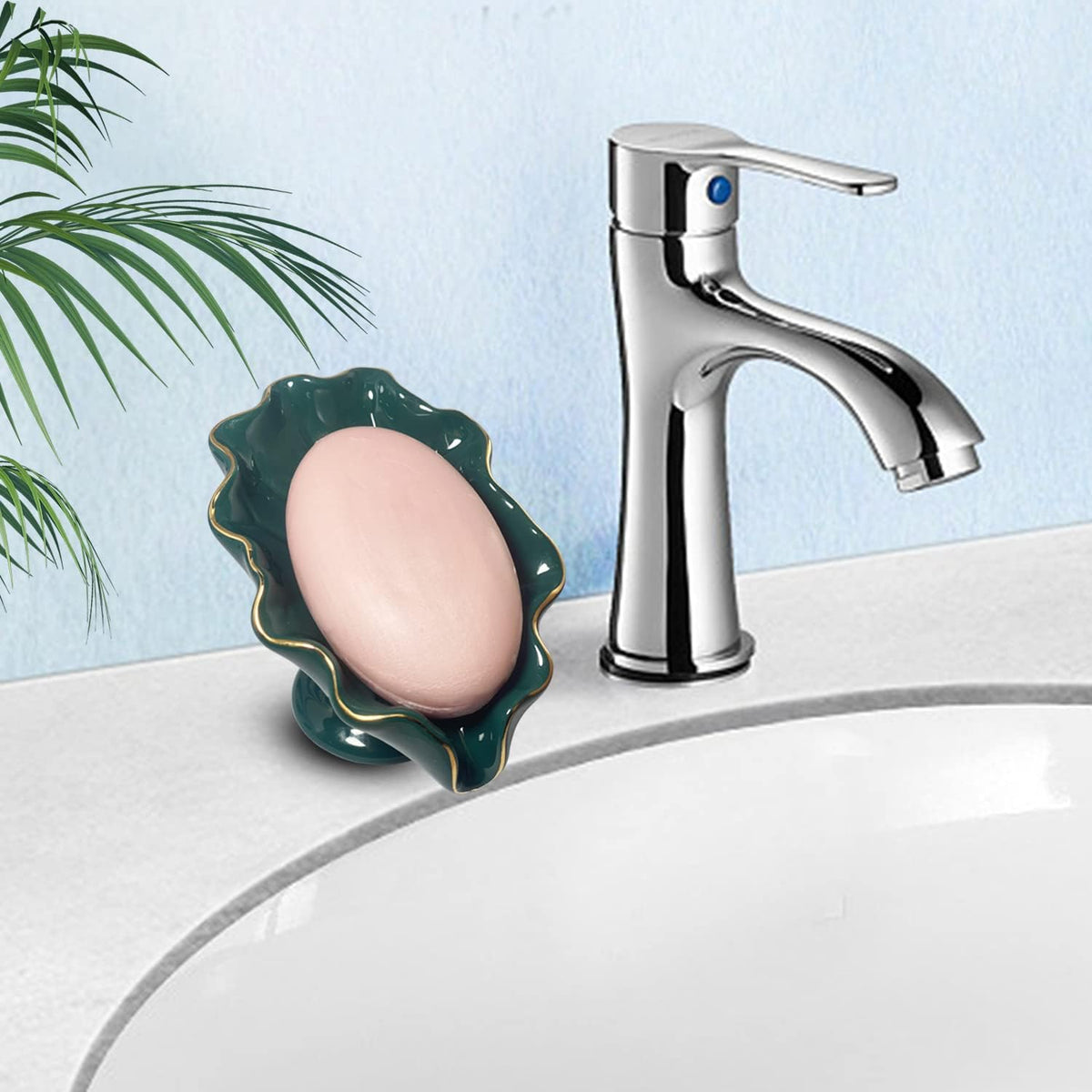 Bathroom Soap Dishes Green, Lotus Leaf Soap Holder,Ceramic Soap Dish for Counter Top,Self Draining Soap Holder (Green)