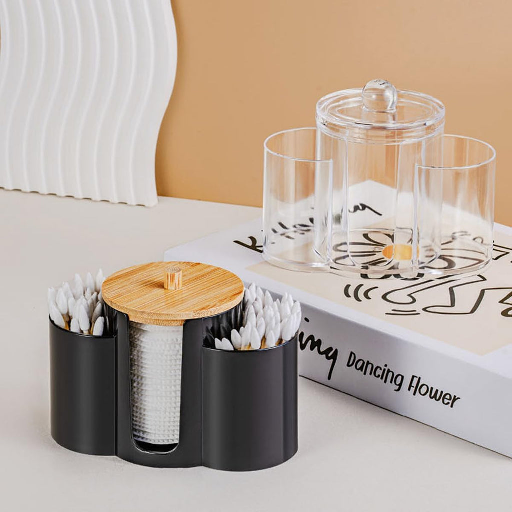 3-in-1 Q-Tip Holder for Bathroom – Premium Vanity Organizer Canister with Dustproof Lid for Cotton Swabs, Balls and Pads, Countertop Storage Container（Black）