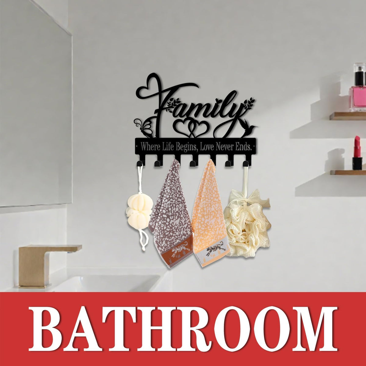 Key Holder Wall Mount, Family Where Life Begins, Love Never Ends Sign, Key Holder Wall for Wall Decorative with 6 Hooks, Organizer Rack Hanger for Entryway, Front Door, Hallway, Office 9.8 inches