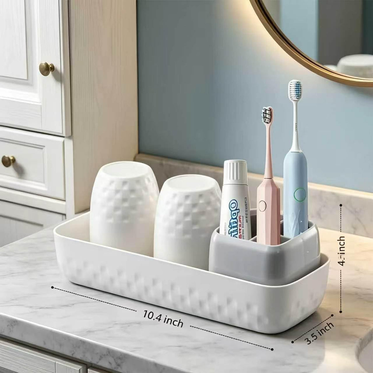 Toothbrush Holder with Cups, Electric Toothbrush and Toothpaste Organizer, Bathroom Accessories Set for Kids and Families, White & Grey