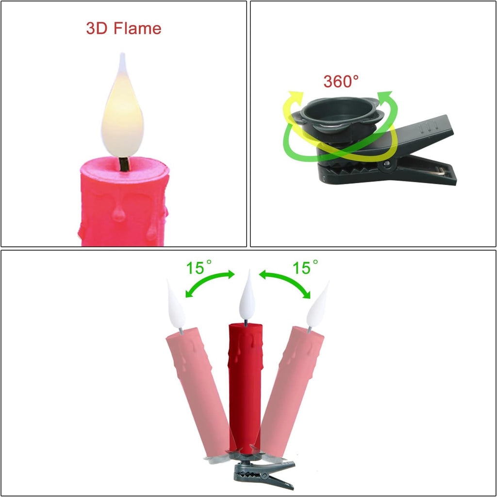 Christmas Tree Clip-on Taper Candles with 3D Flickering Flame Battery Operated Candle with Timer and Remote, Pack of 10, Red