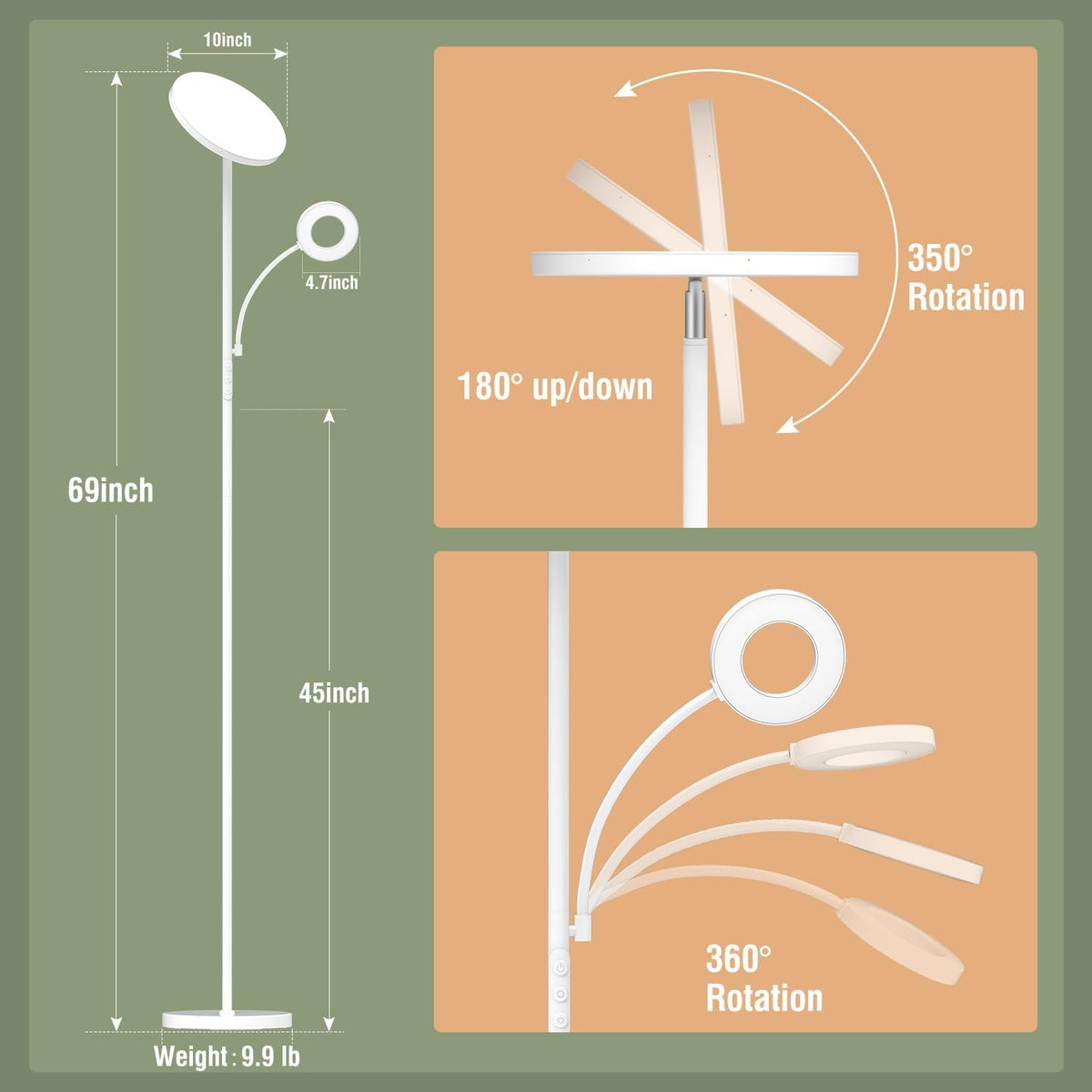 marctronic White Floor Lamp, 42W 4000LM Super Bright LED Room Lamp with Adjustable Reading Light,Dimmable Modern Standing Lamp with Remote & Touch Control for Room Bedroom Office Floor Light