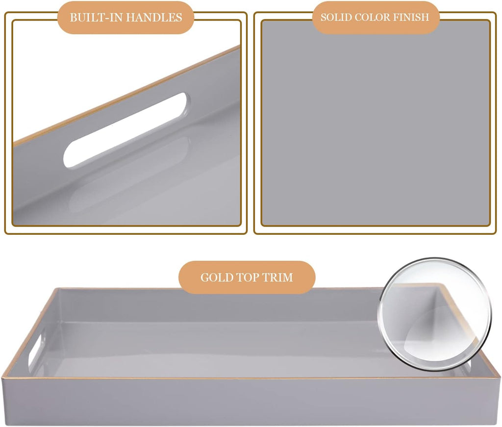 MAONAME Gray Decorative Tray, Rectanrle Plastic Serving Tray with Handles