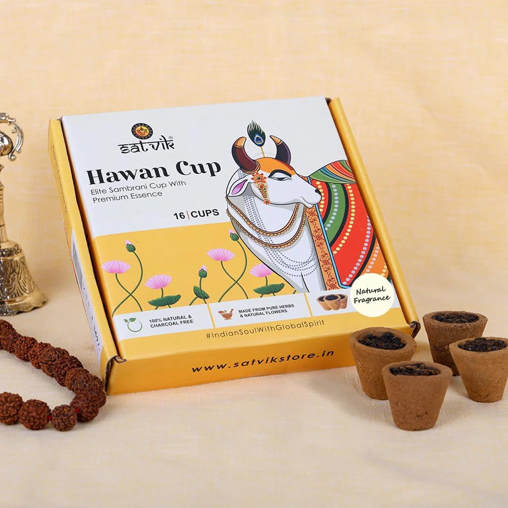 SATVIK Sambrani Cups, Charcoal Free Hawan Cups Made from Natural Herbs, Flowers, Loban & Guggle Incense for Dhuni, Home Cleansing, Yoga, Meditation & Aromatherapy (Pack of 1 (16 Cups))