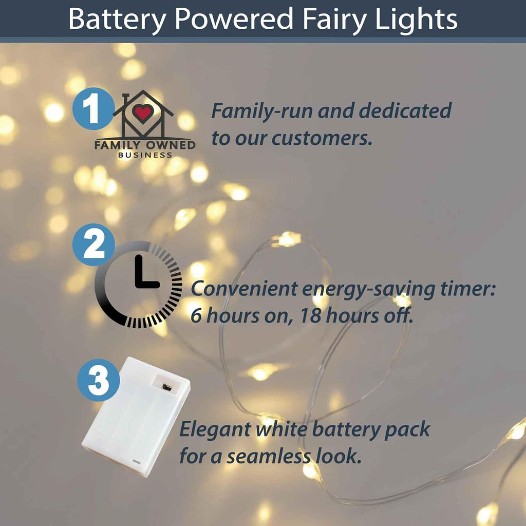 QBIS 40 LED Warm White Fairy Lights, Battery Operated, Silver Wire, 6.5ft