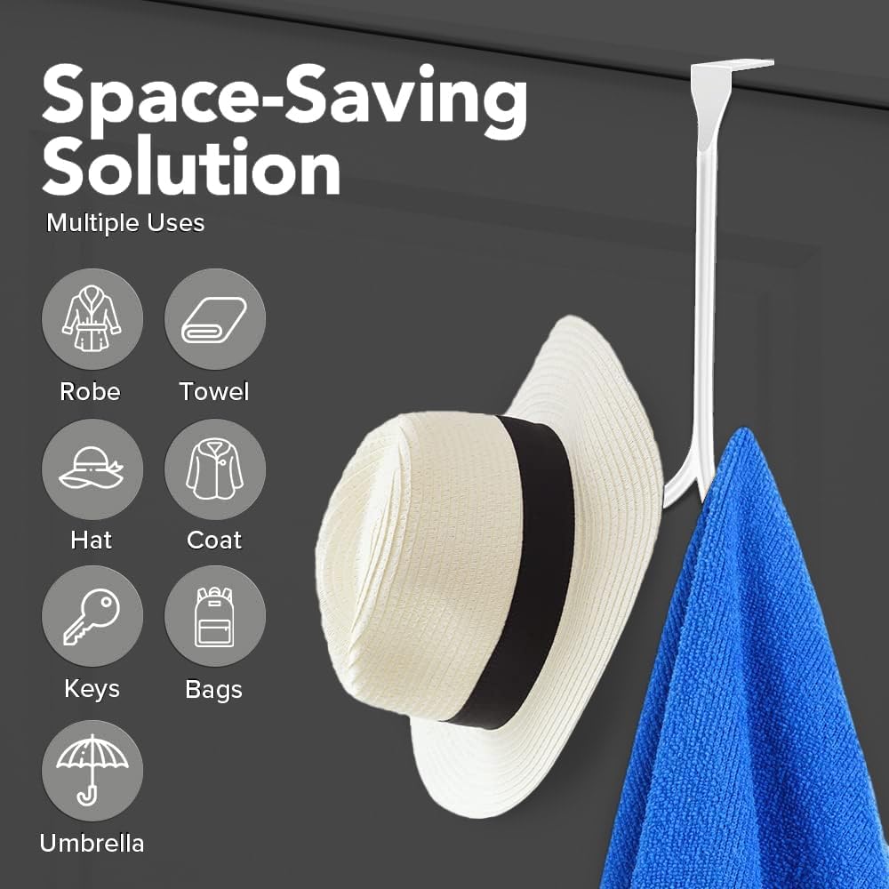 2-Pack Over The Door Hooks - with 2 Hang Heads & Snug Fit Pads Heavy Duty Hook for Hanging Coats, Towels, Caps & Robes - Elegant Matt Finish - No Drill Hanger Organizer - White