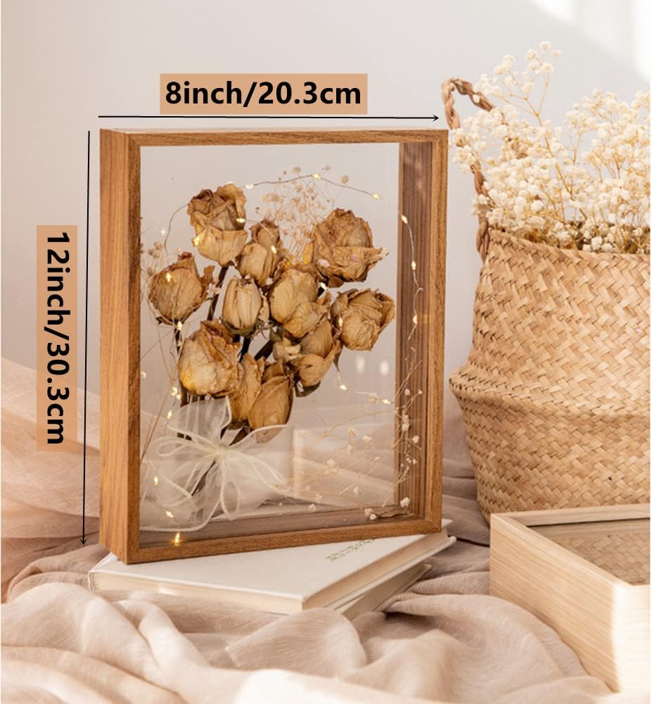 Wooden Dried Flower Photo Frame Dried Flower Display Stand Decorative Floating Photo Frame,Double Sided Plexiglass Shadow Box Picture Frame,for Display Dried Flowers,Handicrafts (Walnut color-8x12)
